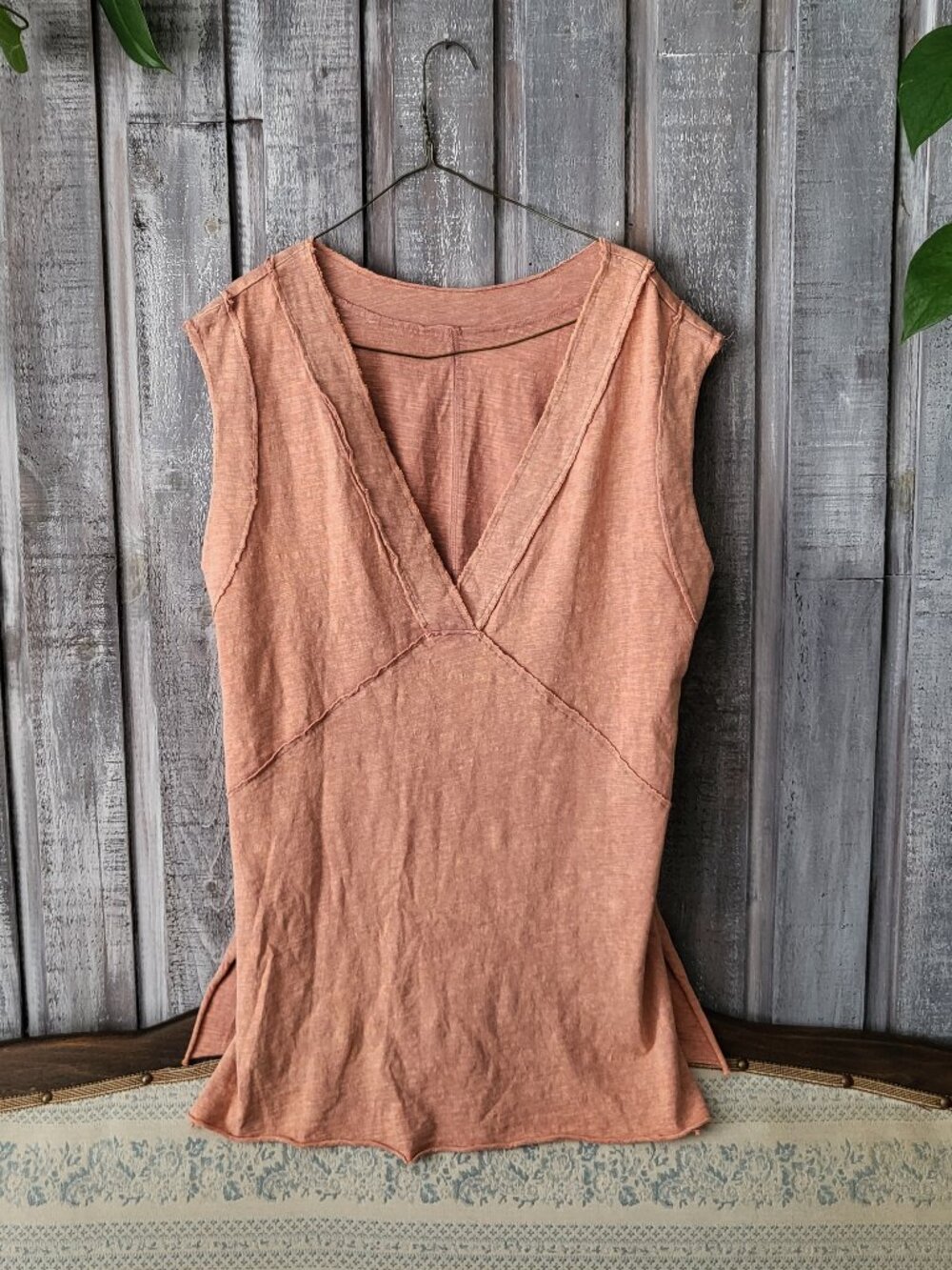 Cotton Distressed V-Neck Sleeveless Muscle Tank Top Faded Terracotta Raw Edges